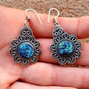 New Blue Titanium Druzy 925 Silver Earrings.